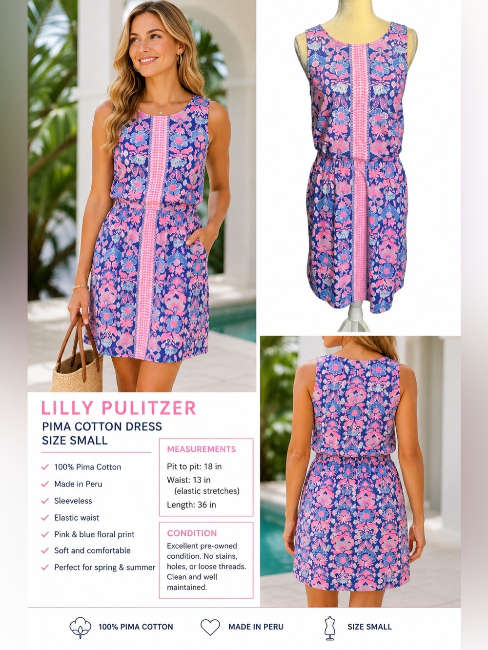 Lilly Pulitzer Pima Cotton Floral Sleeveless Dress Size S Pink Blue Made in Peru